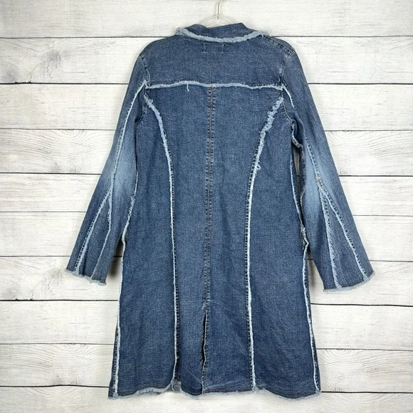 Vintage Y2K Long Denim Jacket Open Frayed Seams Bell Sleeve Women's Large Retro - Picture 5 of 8